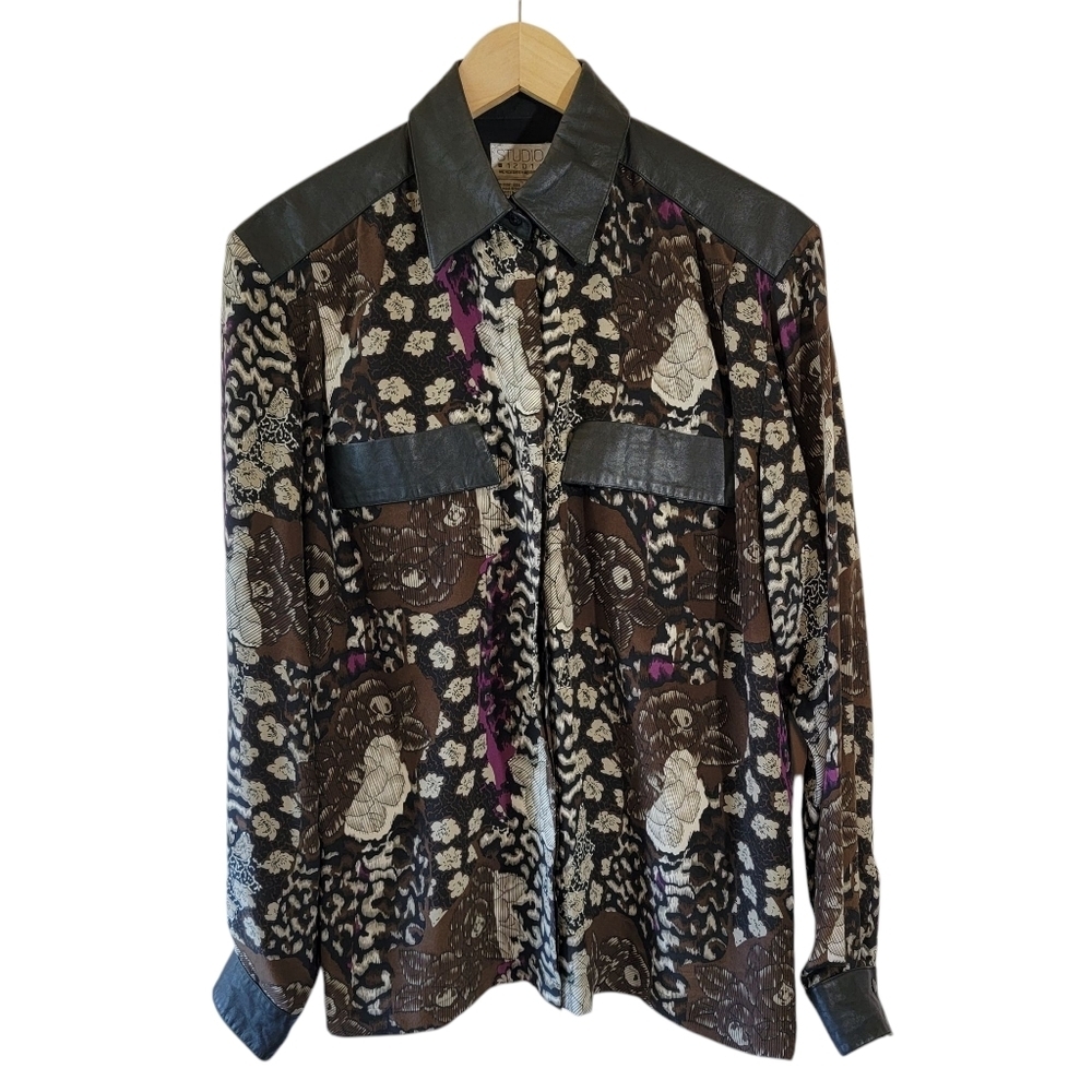 VTG Studio Animal Print Leather Trim Button-Up Top Sz 8 100% Silk Whimsigoth